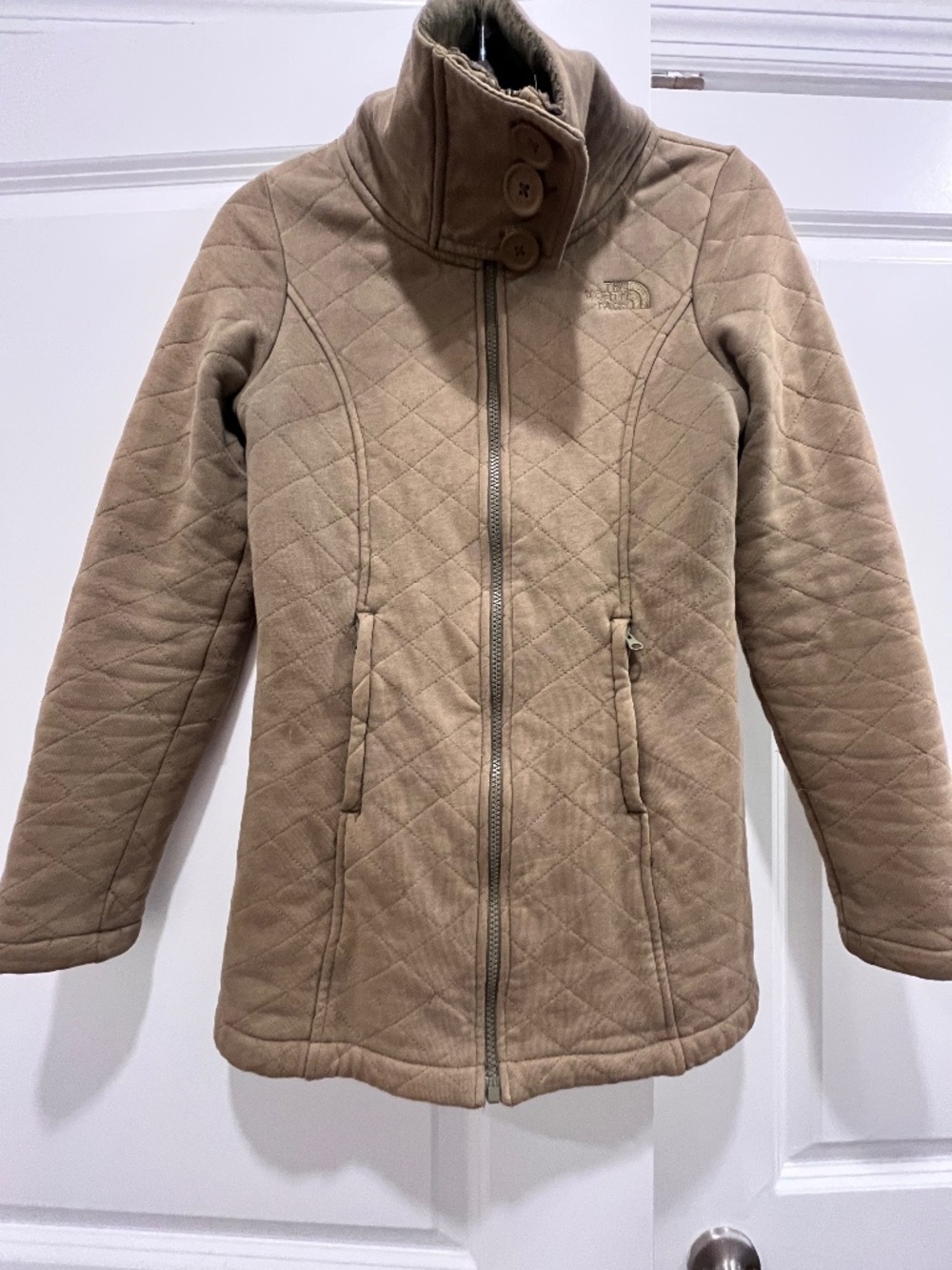 Olive green fall jacket, soft, high collar, very warm!